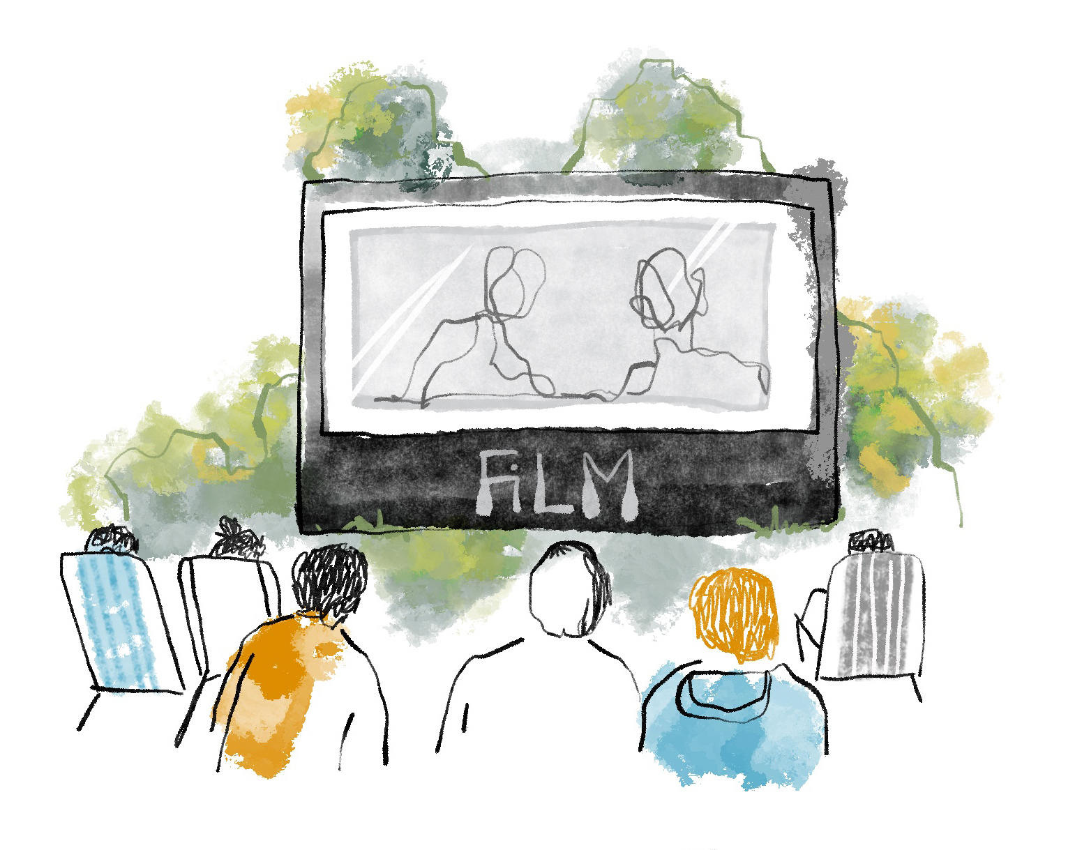 illustration med människor som tittar på en filmduk i naturen