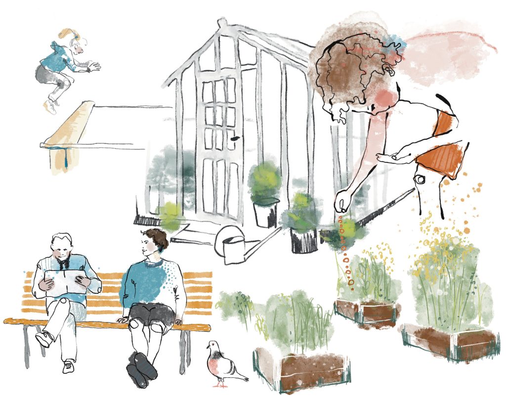 illustration med växthus, ett par på parkbänk utomhusmiljö